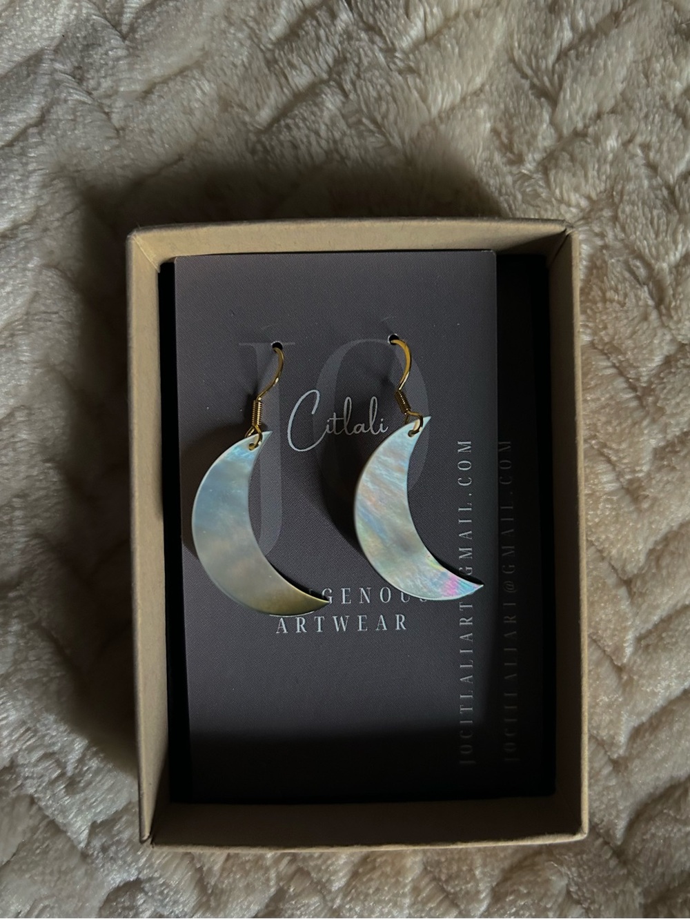 Handmade Abalone Crescent Moon Earrings with 18k gold by Citlali